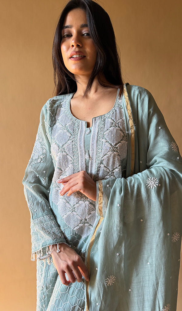 Women's Lucknowi Handcrafted Mul Chanderi Stitched Chikankari Kurta Dupatta With pant Set- HONC0353063