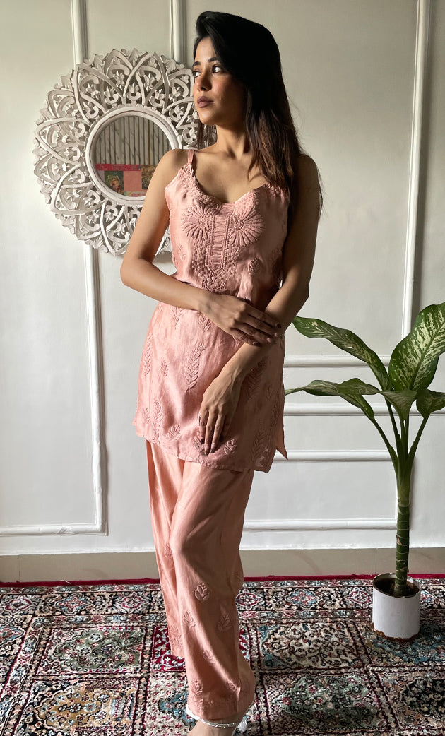 Amreena Women's Lakhnavi Handcrafted Chanderi Silk Chikankari Top And Pant Set - HONC0308126