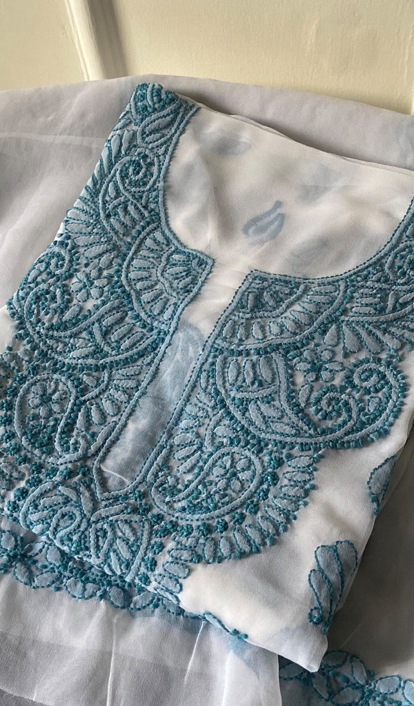 White Color Women Lucknowi Handcrafted Faux-Georgette Chikankari Semi - Stitched Suit Material