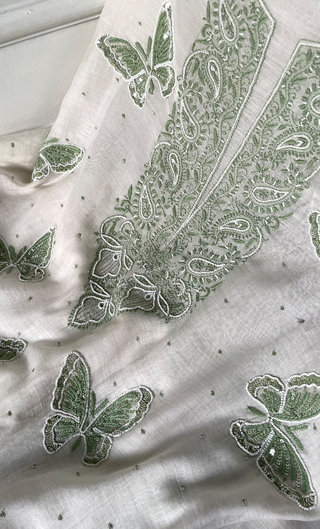 Women's Lakhnavi Handcrafted Unstitched Mul Chanderi Kurta And Dupatta Set - HONC0304154