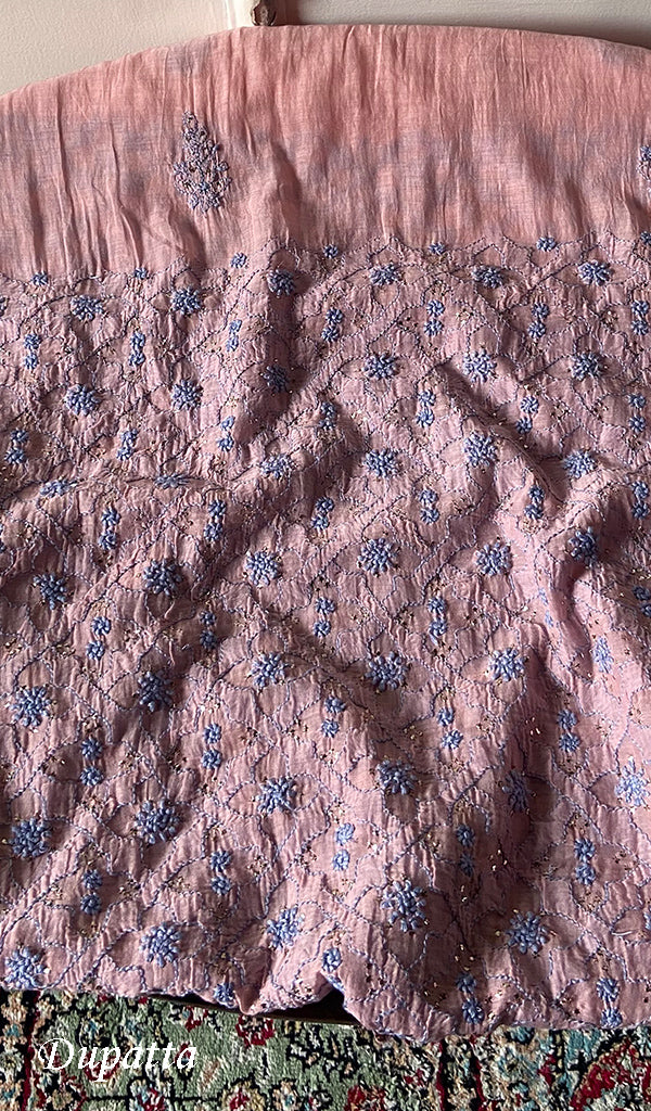 Women's Lakhnavi Handcrafted Mul Chanderi Unstitched Kurta And Dupatta Set - HONC0320355