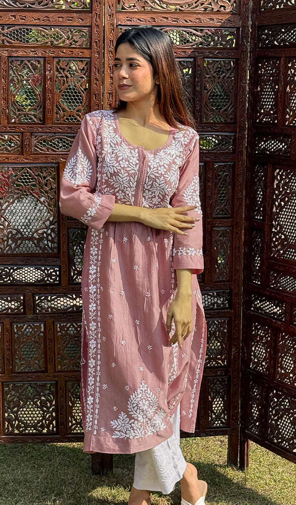 Women's Lucknowi Handcrafted Mul Chanderi Chikankari Kurti - HONC0256291