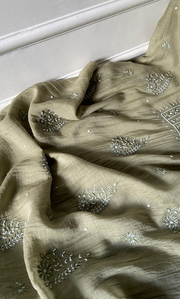 Women's Lakhnavi Handcrafted Mul Chanderi UnStitched Kurta And Dupatta Set - HONC0310811