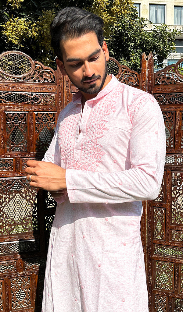 Men's Lucknowi Handcrafted Cotton Chikankari Kurta - HONC0329854