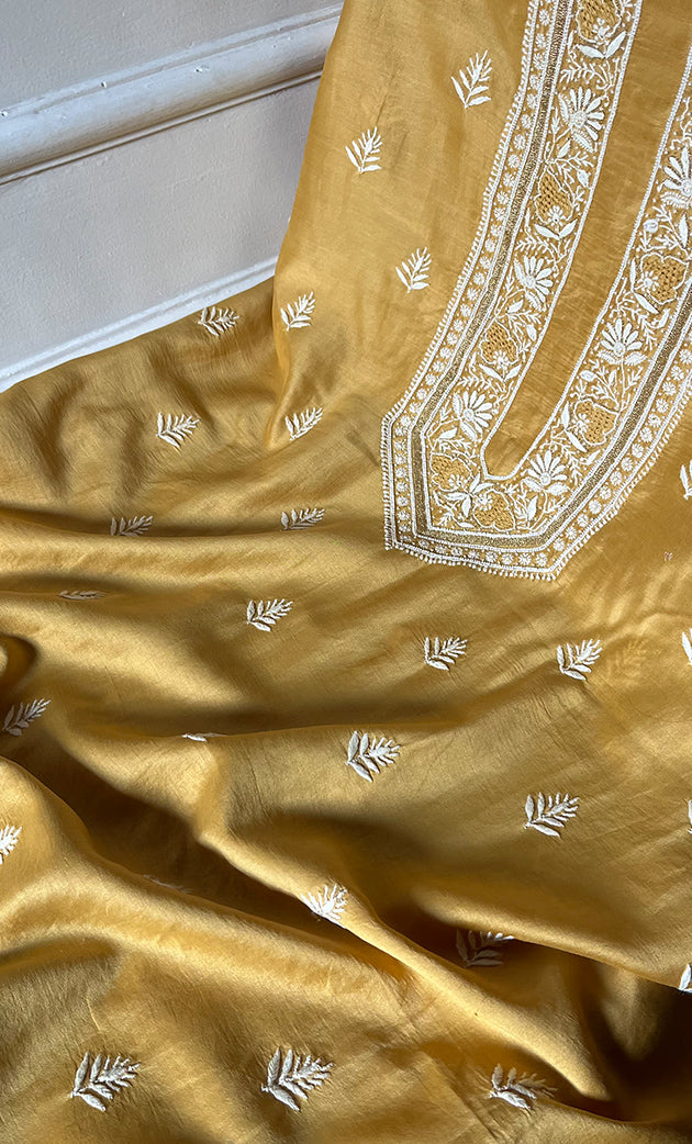 Lucknowi Handcrafted Chanderi Silk Chikankari Unstitched Unisex Kurta Fabric - HONC0275121