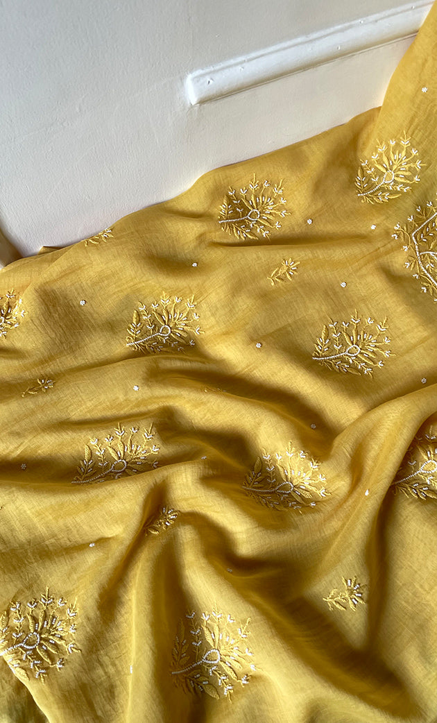 Women's Lakhnavi Handcrafted Mul Chanderi Unstitched Chikankari Full Suit Material - HONC0306982