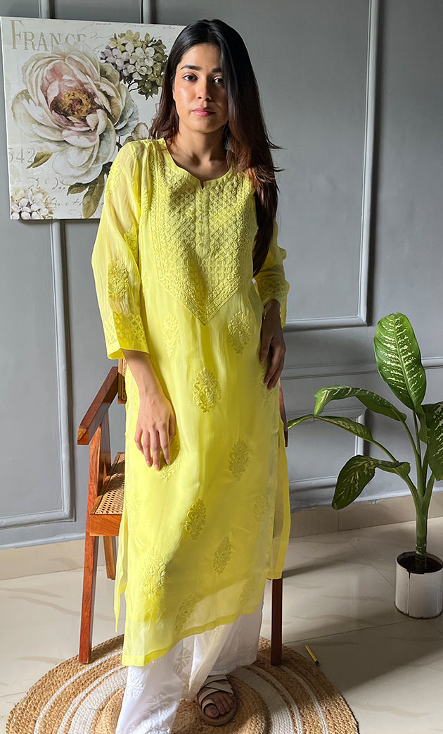 Umnaaz Women's Lakhnavi Handcrafted Organza Chikankari Kurti- HONC0115941
