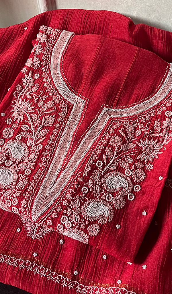 Maira Women's Lakhnavi Handcrafted Mul Chanderi Semi - Stitched Anarkali Kurta And Dupatta Set - HONC0251759