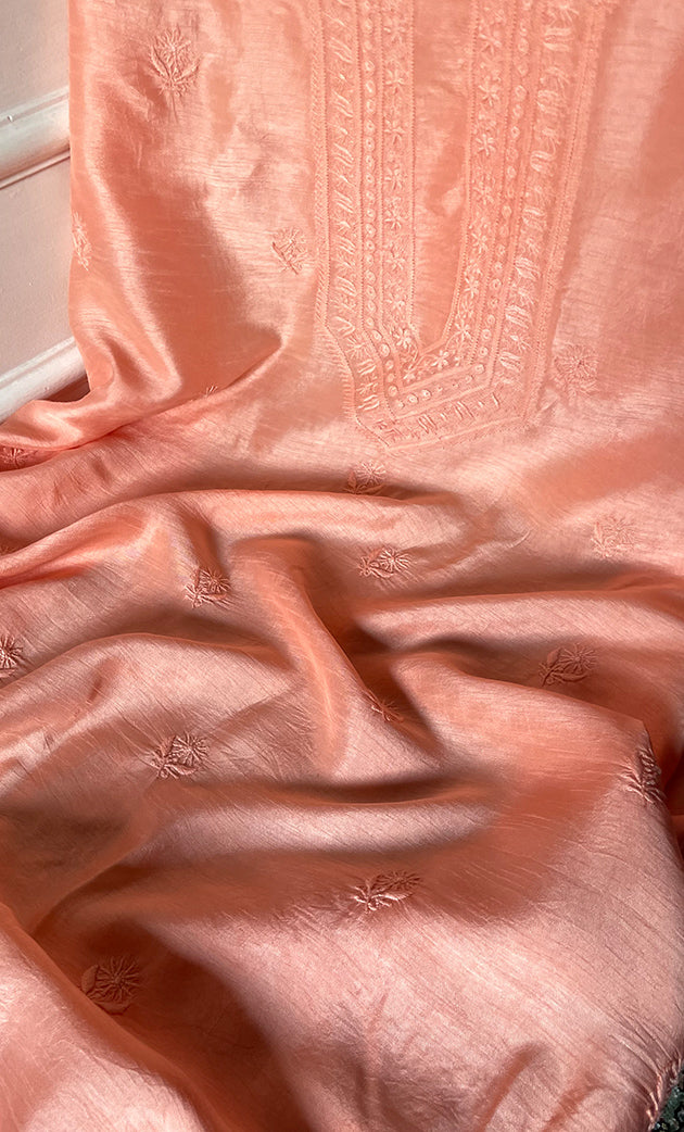 Lucknowi Handcrafted Raw Silk Chikankari Unstitched Men's Kurta Fabric - HONC0288528