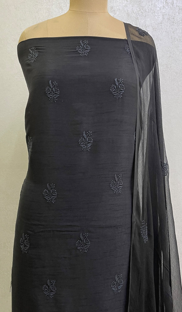 Women's Lakhnavi Handcrafted Raw Silk Chikankari Kurta And Dupatta Set - HONC0129556