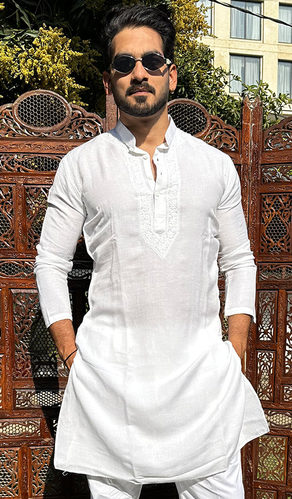 Men's Lucknowi Handcrafted Cotton Chikankari Kurta - HONC0342314