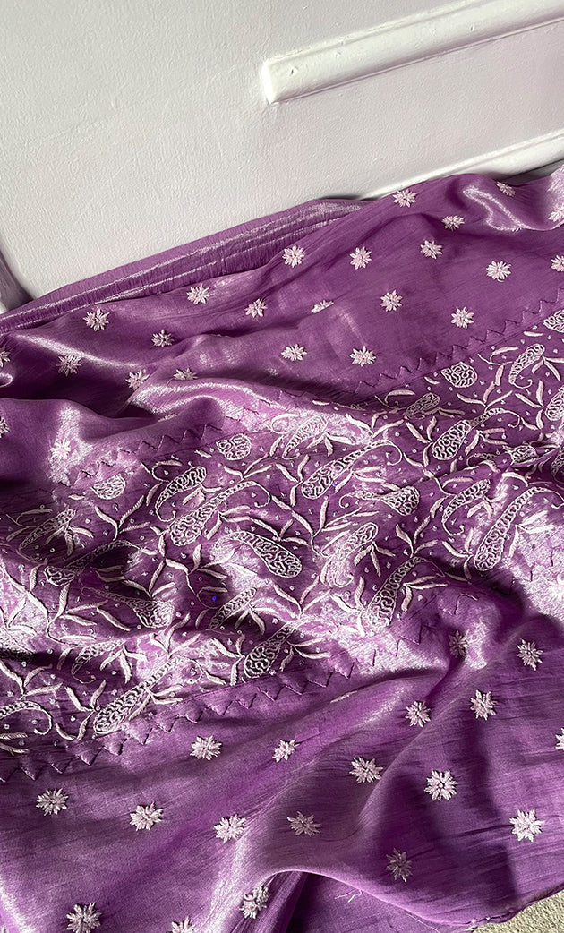 Women's Lakhnavi Handcrafted Tissue Chanderi Semi-Stitched Kurta  And Dupatta Set - HONC0323633