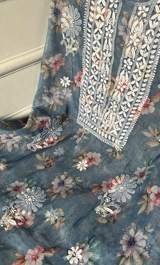 Disha Women's Lakhnavi Handcrafted Organza Chikankari Unstitched Kurti Fabric - HONC0332154