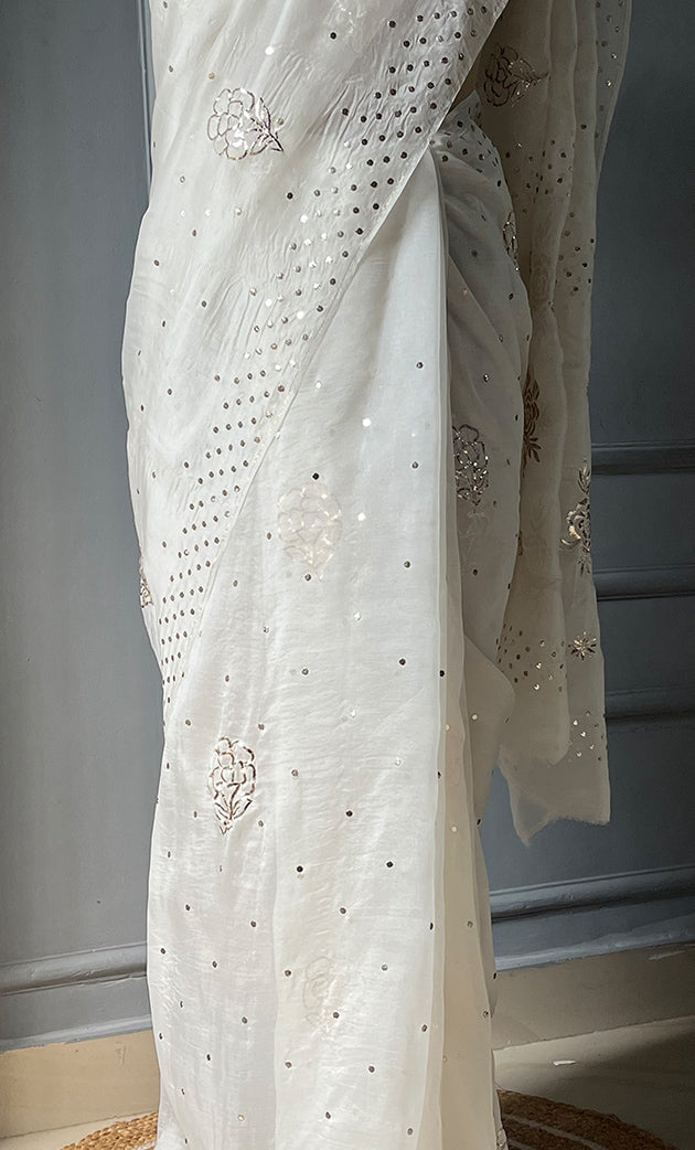 Women's Lucknowi Handcrafted Pure Organza Silk Chikankari Saree - HONC0307475