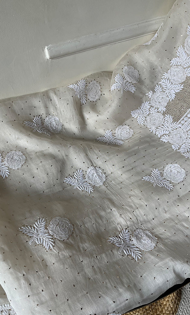 Afeera Women's Lakhnavi Handcrafted Pure Organza Chikankari Unstitched Kurta And Dupatta Set- HONC0302221