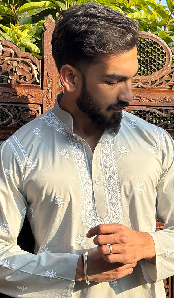 Men's Lucknowi Handcrafted Cotton Chikankari Short Kurta - HONC0148535