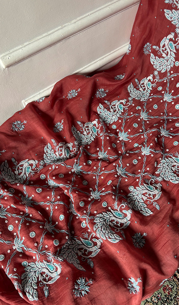 Shirin Women's Lakhnavi Handcrafted Mul Chanderi Unstitched Chikankari Full Suit Material - HONC0339570
