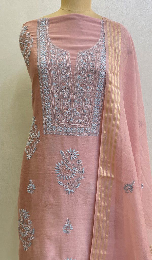 Women's Lakhnavi Handcrafted Chanderi Silk Chikankari Full Suit Material - HONC0126268