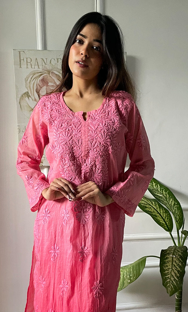 Women's Lucknowi Handcrafted Mul Chanderi Chikankari Kurti - HONC0308046