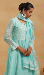 Load image into Gallery viewer, Women's Lakhnavi Handcrafted Mul Chanderi Chikankari Stitched Kurta, Dupatta And Pant Set - HONC0824547