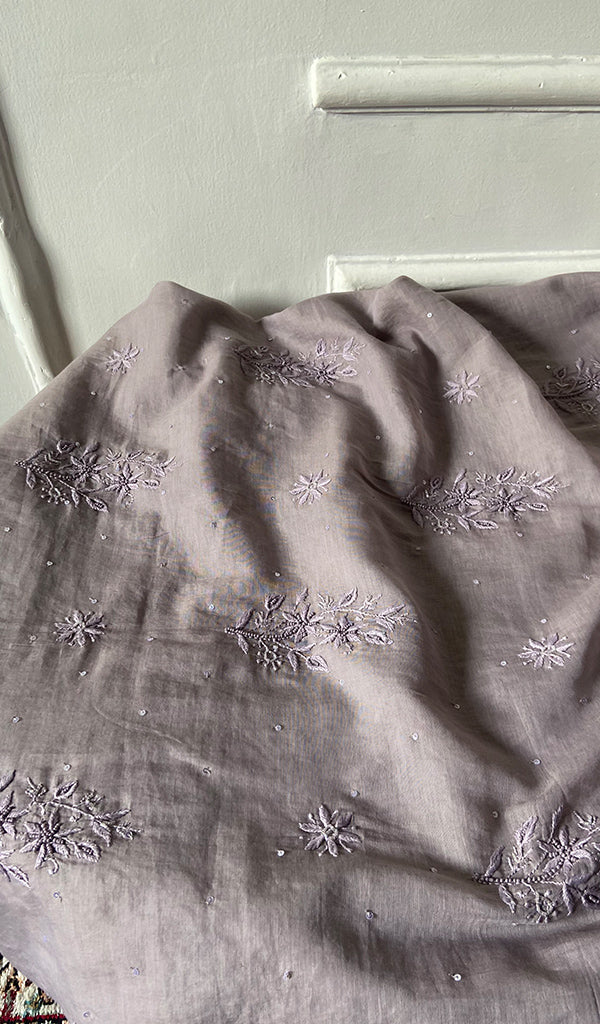 Women's Lakhnavi Handcrafted Mul Chanderi Unstitched Chikankari Full Suit Material - HONC0328104