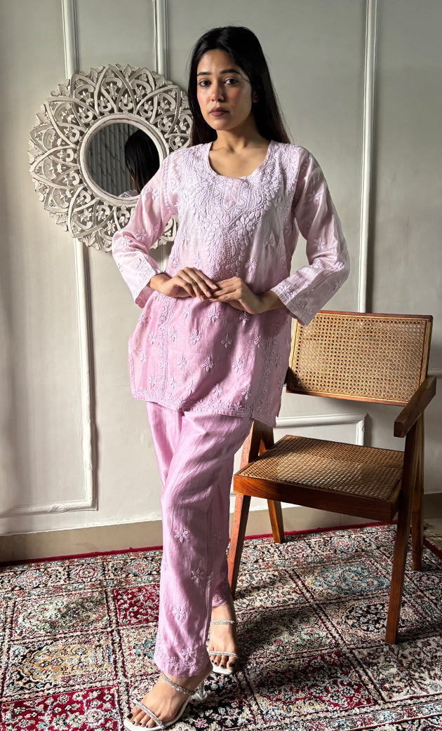 Imara Women's Lakhnavi Handcrafted Chanderi Silk Chikankari Top And Pant Set - HONC0340441
