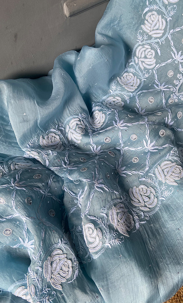 Rose Women's Lakhnavi Handcrafted Pure Organza Chikankari Unstitched Kurta And Dupatta Set- HONC0309615