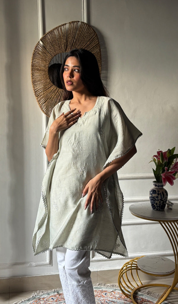 Women's Lucknowi Handcrafted Munga silk Chikankari Kaftan - HONC0316125