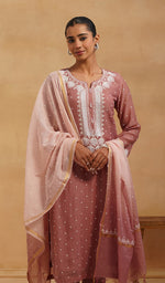 Load image into Gallery viewer, Jazba Women's Lakhnavi Handcrafted Mul Chanderi Chikankari Stitched Kurta, Dupatta And Pant Set - HONC0565945
