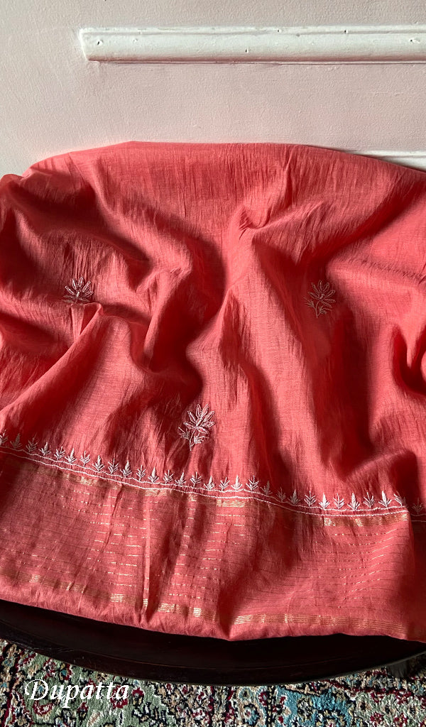 Women's Lakhnavi Handcrafted Mul Chanderi Unstitched Chikankari Full Suit Material - HONC0338249