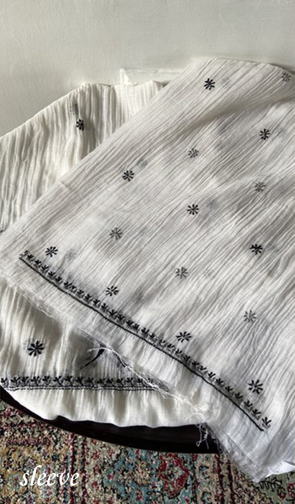 White Pure Mul Chanderi Chikankari 2 Pc Unstitched Suit Set — Deep Navy Work