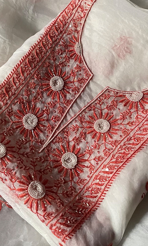Women's Lakhnavi Handcrafted Pure Organza Chikankari Unstitched Kurta And Dupatta Set- HONC0288317