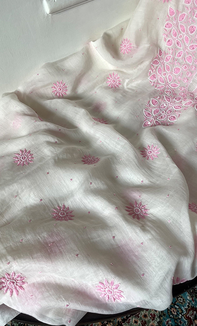 Women's Lakhnavi Handcrafted Unstitched Mul Chanderi Kurta And Dupatta Set - HONC0317815