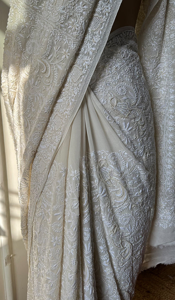 Women's Lakhnavi Handcrafted Pure Silk Georgette Chikankari - HONC0232425