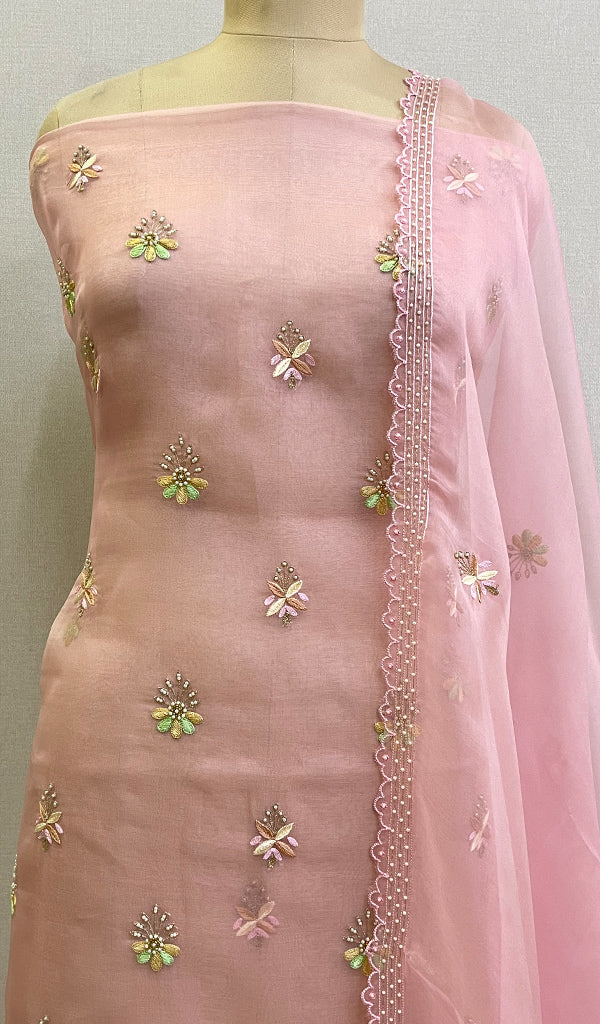 Women's Lakhnavi Handcrafted Pure Organza Chikankari Unstitched Kurta And Dupatta Set- HONC0139598