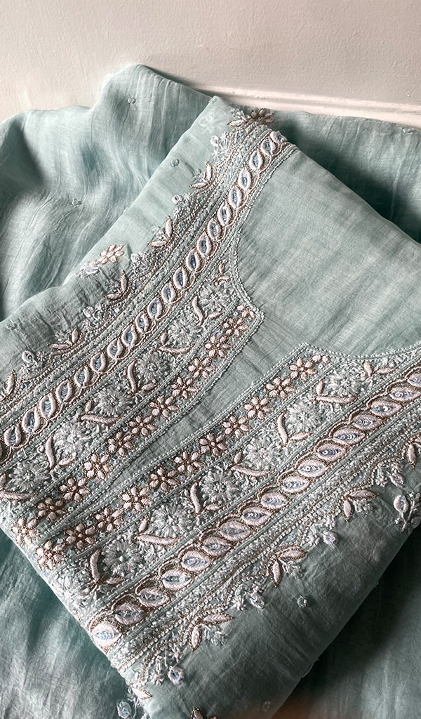 Rishana Women's Lakhnavi Handcrafted Mul Chanderi Unstitched Kurta And Dupatta Set- HONC0322451