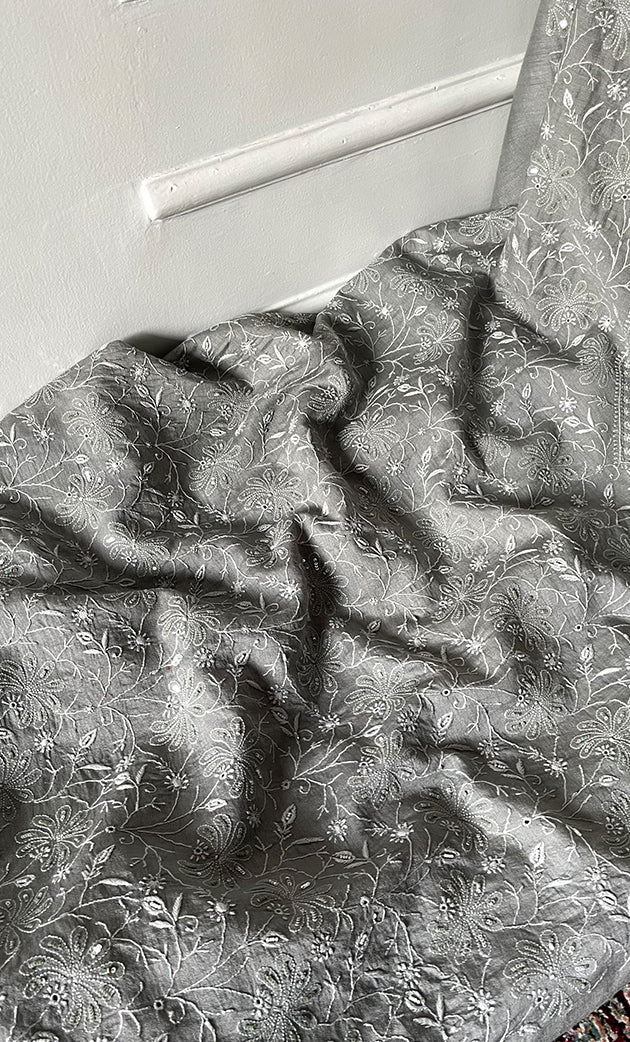 Women's Lakhnavi Handcrafted Unstitched Munga Silk Chikankari Kurta And Dupatta Set- HONC0285381