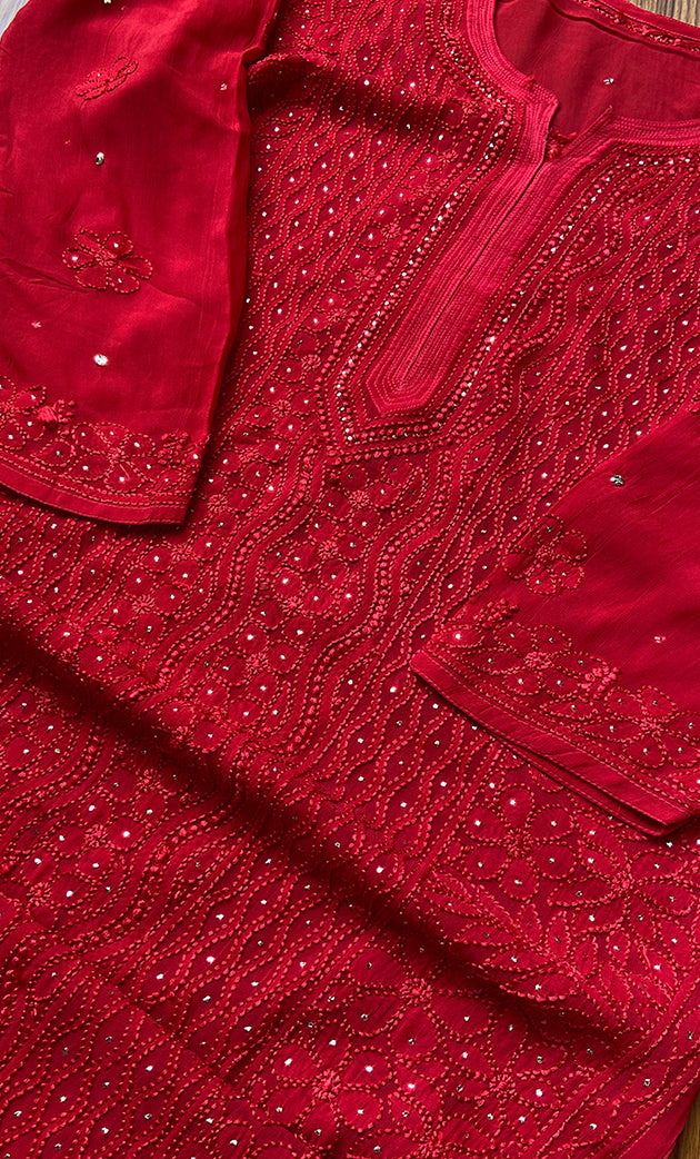 Yusra Women's Lakhnavi Handcrafted Viscose Georgette Chikankari Kurti- HONC0282690