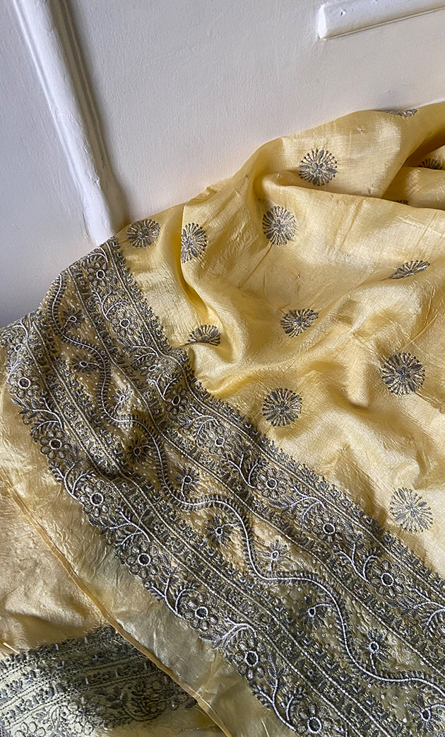 Women's Lakhnavi Handcrafted Tussar Silk Chikankari Kurta And Dupatta Set - HONC0314560