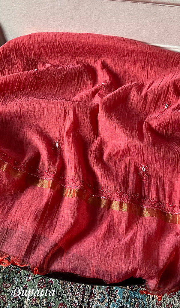 Women's Lakhnavi Handcrafted Mul Chanderi Unstitched Chikankari Full Suit Material - HONC0300851