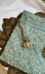 Load image into Gallery viewer, Green Chikankari Embroidered Potli Bag with White Bead Tassels - HONC0317196
