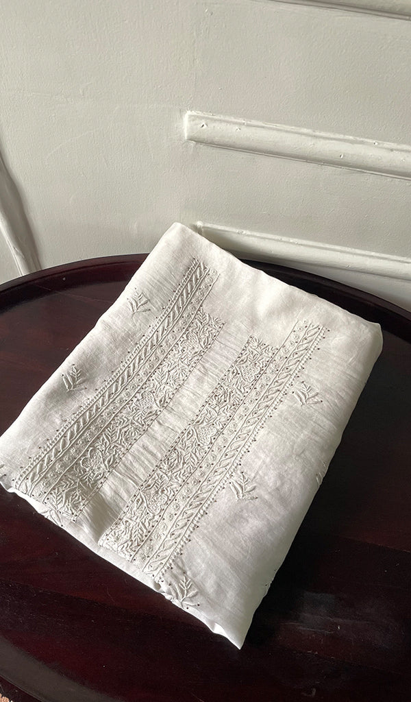 Women's Lucknowi Handcrafted Chanderi Silk Unstitched Chikankari Kurta and Dupatta Set- HONC0276221