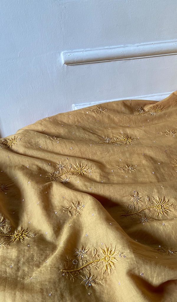 Women's Lakhnavi Handcrafted Mul Chanderi Unstitched Chikankari Full Suit Material - HONC0328108