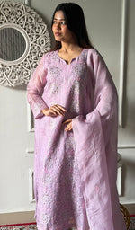 Load image into Gallery viewer, Women's Lucknowi Handcrafted Pure Organza Silk Stitched Chikankari Kurta, Dupatta With Pant Set- HONC0319989
