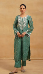 Load image into Gallery viewer, Jazba Women's Lakhnavi Handcrafted Mul Chanderi Chikankari Stitched Kurta, Dupatta And Pant Set - HONC0458975