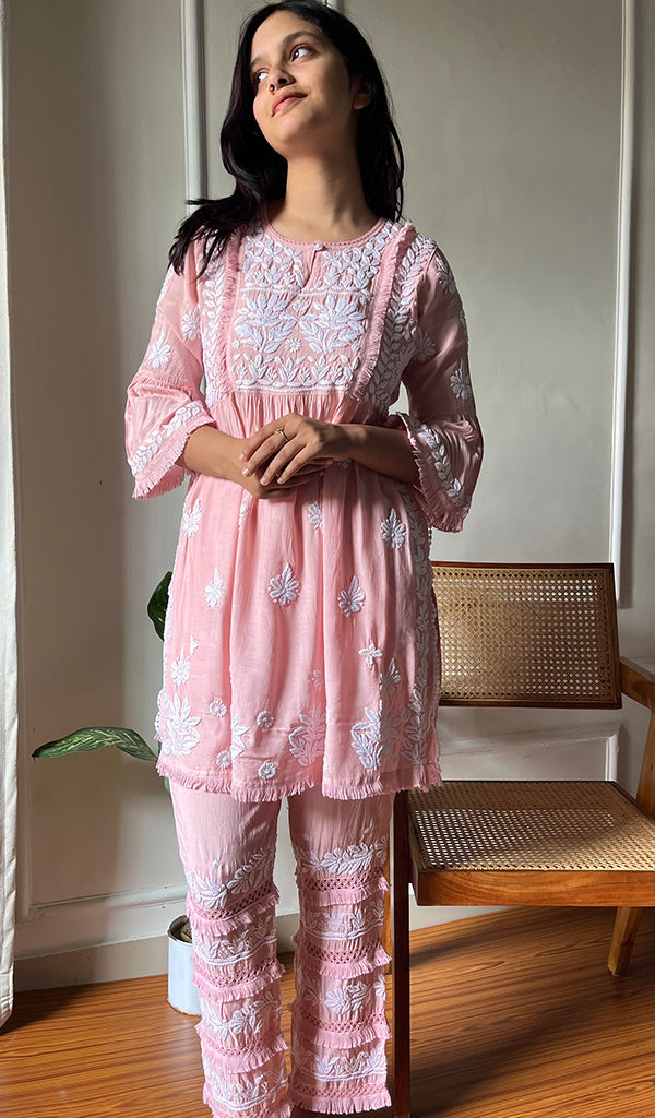 Women's Lakhnavi Handcrafted Cotton Chikankari Kurta And Palazzo Set - HONC0293866