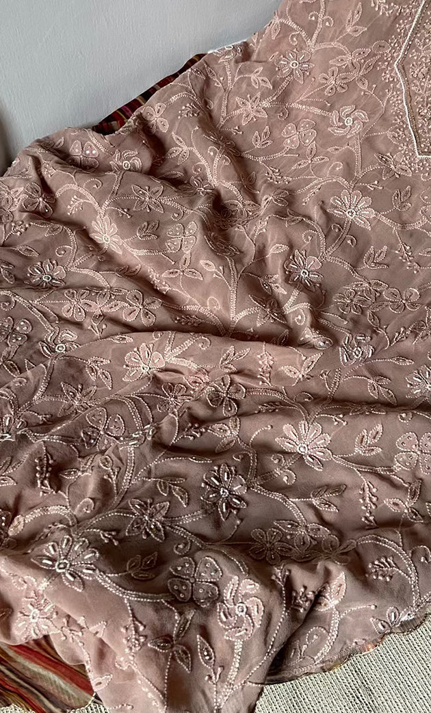 Women's Lakhnavi Handcrafted Pure Silk Georgette Semi - Stitched Chikankari Kurta And Dupatta Set - HONC0302217