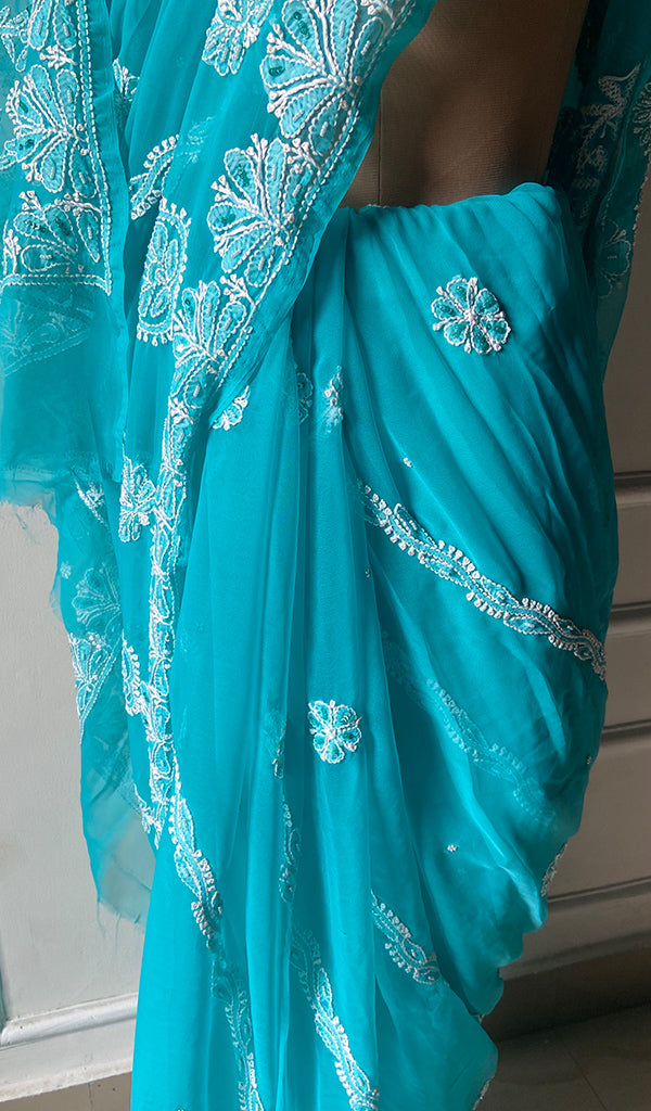 Women's Lakhnavi Handcrafted Faux-Georgette Chikankari Saree - HONC0223883