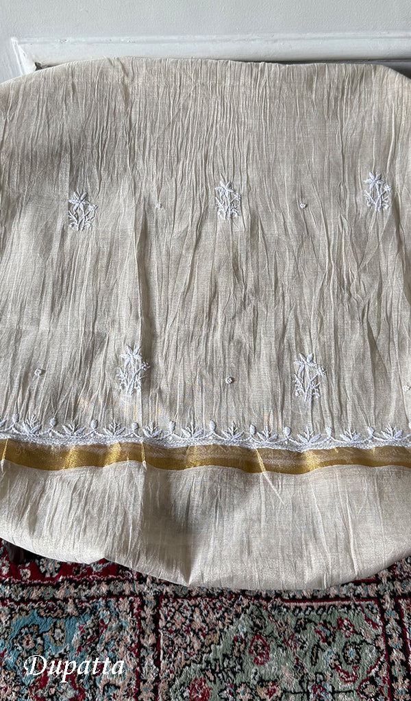 Women's Lakhnavi Handcrafted Tissue Chanderi Unstitched Chikankari Kurta And Dupatta Set - HONC0366814