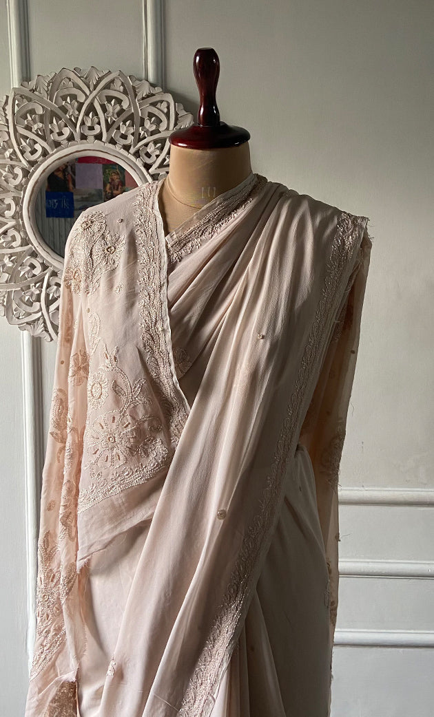 Women's Lakhnavi Handcrafted Viscose Georgette Chikankari Saree - HONC0329023